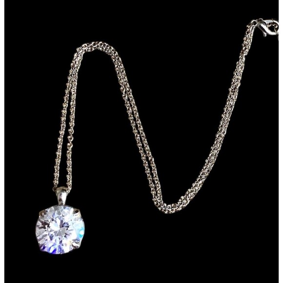 Clear Solitaire Rhinestone Pendant Necklace Silver Tone Chain Classic Elegant - Picture 8 of 8